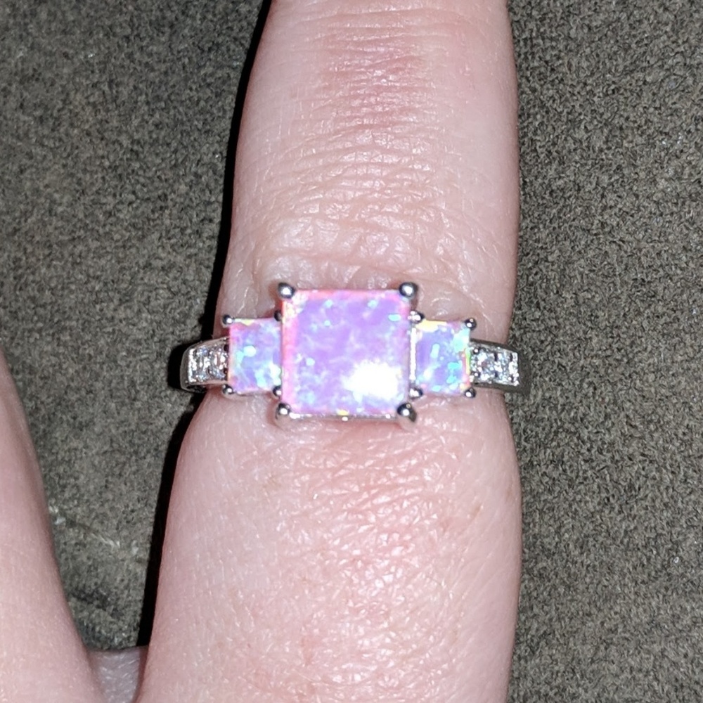Genuine pink opal and white topaz ring